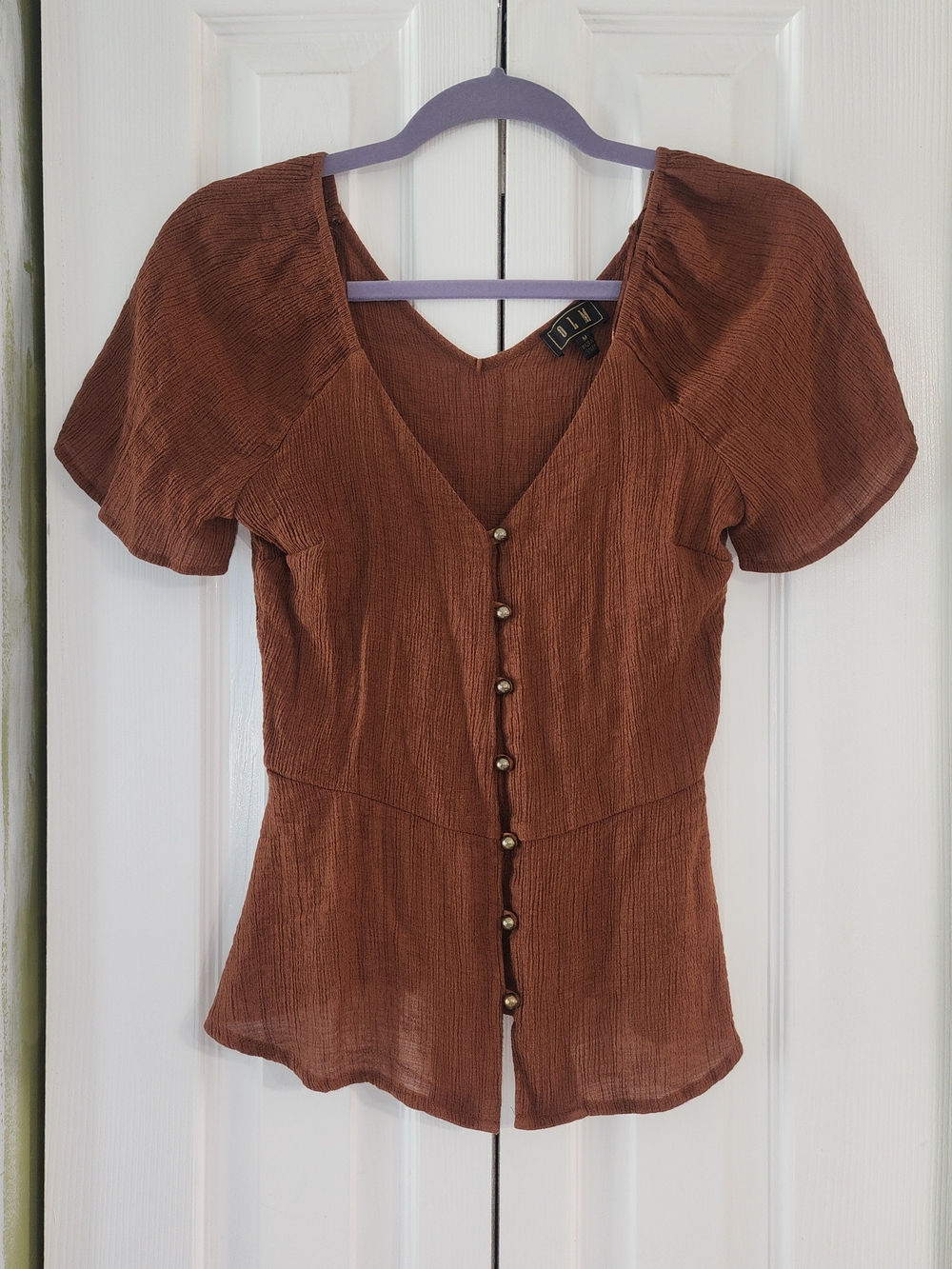 OLM Rust Brown Button-Front Puff Sleeve Top